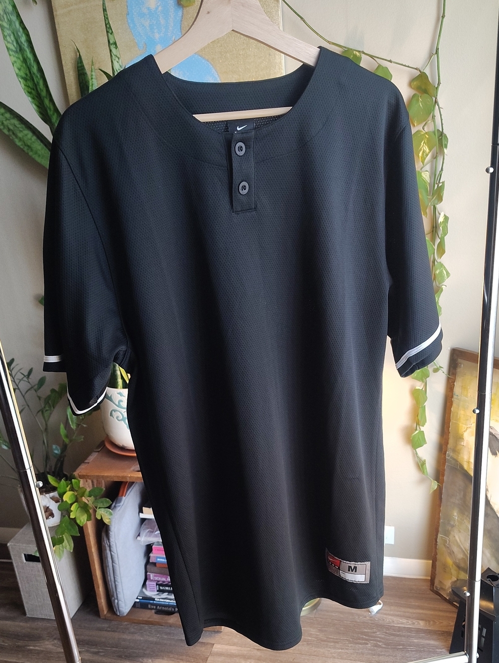 Nike Black Men’s Short-Sleeve Henley Jersey with White Sleeve Trim